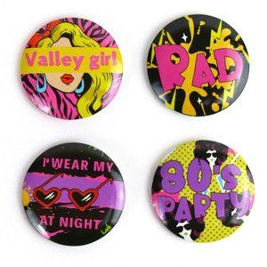 Set of 4 80s Plastic Round 1 1/2" Button Pin Back Slogans Sayings Party Theme